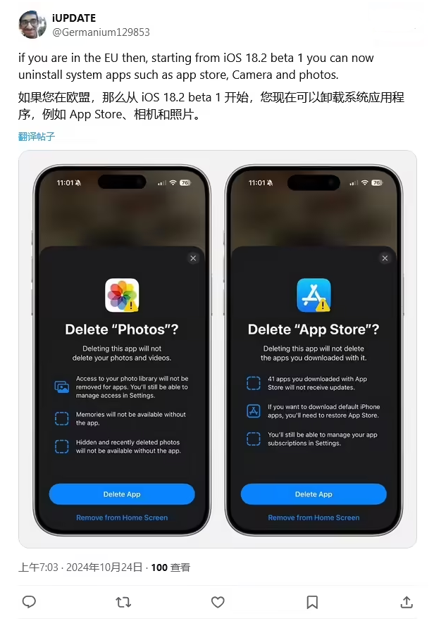 隆回苹果手机维修分享iOS 18.2 支持删除 App Store 应用商店 