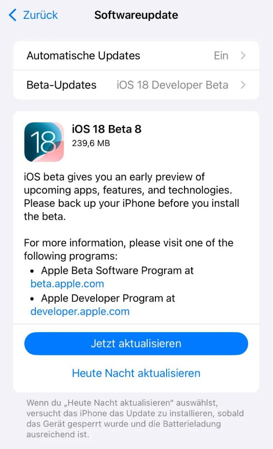 隆回苹果手机维修分享苹果 iOS / iPadOS 18 开发者预览版 Beta 8 发布 